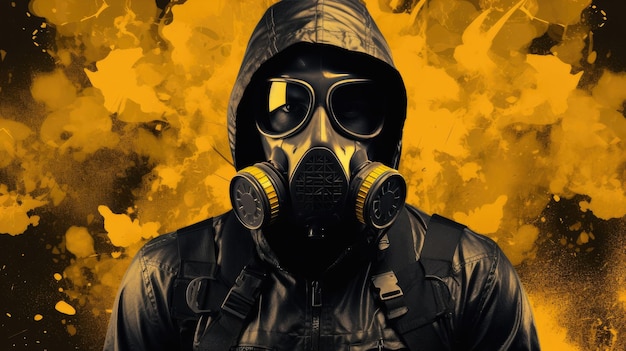 A man in a gas mask with the abstract background