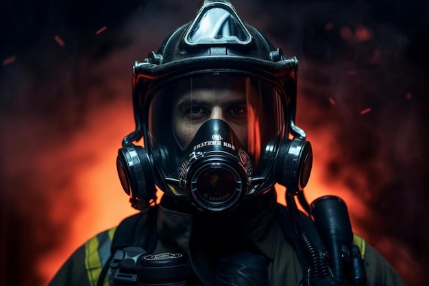 a man in a gas mask with a fire behind him