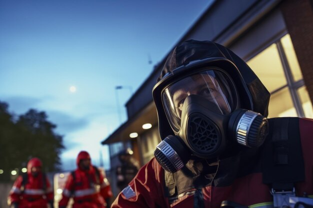 Man in Gas Mask with Red Jacket