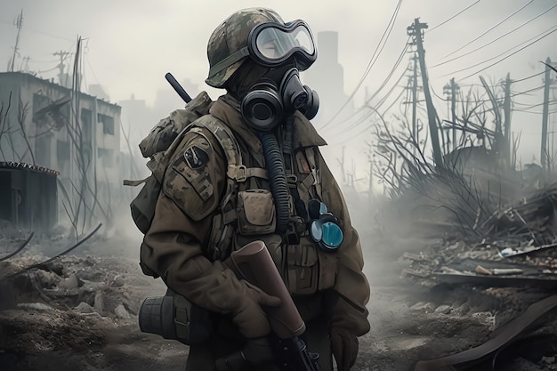 A man in a gas mask and with a rifle in his hands In the middle of the battlefield a nuclear apocalypse Generative AI