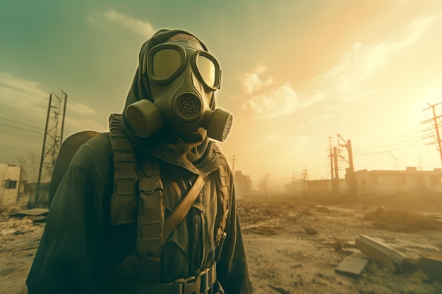 Foto man gasmasker oorlog nucleaire rook genereer ai