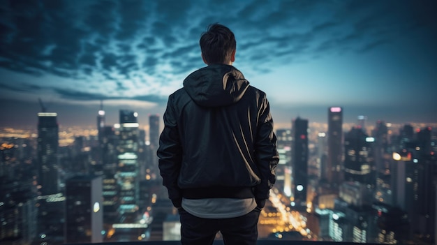 A man gazes at a dazzling cityscape under the night sky captivated by the urban beauty