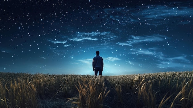 은하수 실루엣 개념 아래 밀밭으로 둘러싸인 밤 동안 별을 바라보는 남자