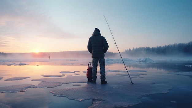 Foto un uomo che si prepara per una giornata di pesca sul ghiaccio foto realistica