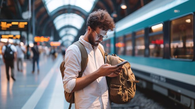 Man gebruikt mobiele app op zijn mobiele telefoon op het treinstation voor een zakenreis