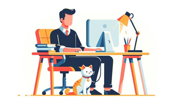 Man geconcentreerd op zijn werk aan zijn bureau met een computer vergezeld van een kat in een goed georganiseerd kantoor thuis