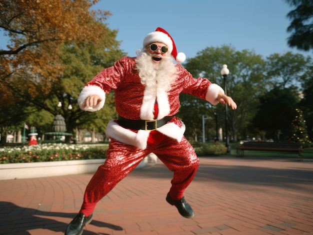 Foto man gekleed als de kerstman in een speelse pose op een vaste achtergrond