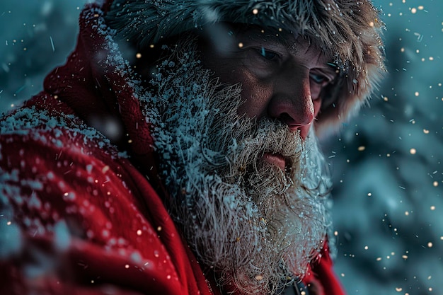 man gekleed als de kerstman onder de sneeuw en de winterregen op kerstmis