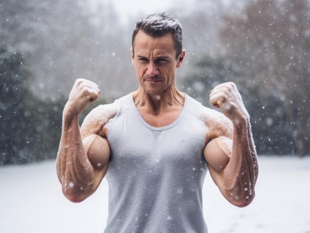 Man geniet van de winter sneeuwdag in een speelse houding