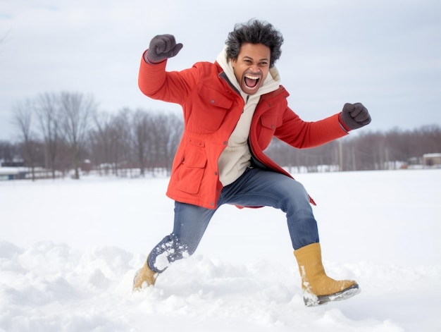 Man geniet van de winter sneeuwdag in een speelse houding