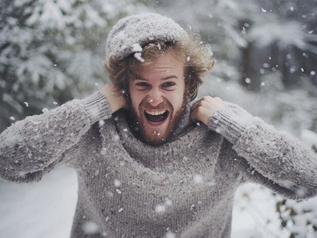 Man geniet van de winter sneeuwdag in een speelse houding