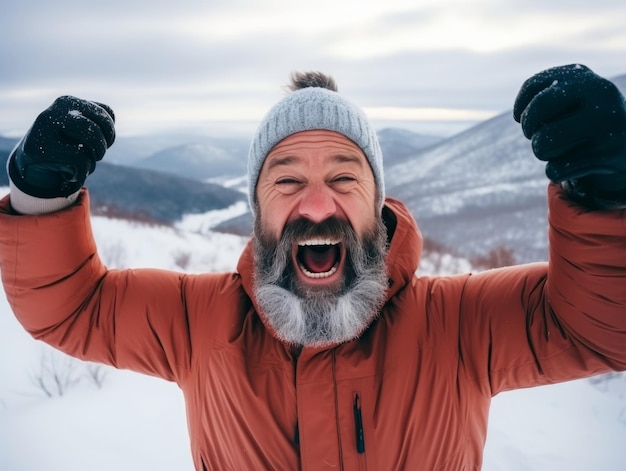 Man geniet van de winter sneeuwdag in een speelse houding