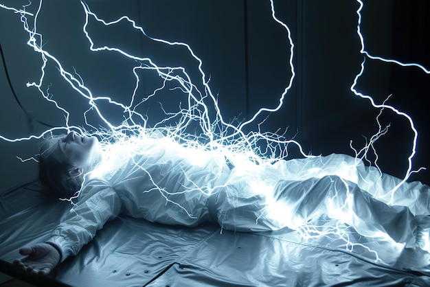 A man gets an electric shock electricity courses through a body causing intense muscle contractions