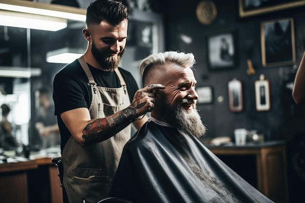 Man getting a haircut in a barbershop Photo young bearded man sitting and getting haircut in barber