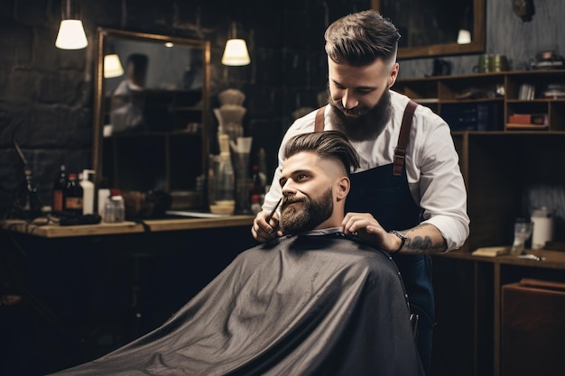 Man getting a haircut in a barbershop Photo young bearded man sitting and getting haircut in barber