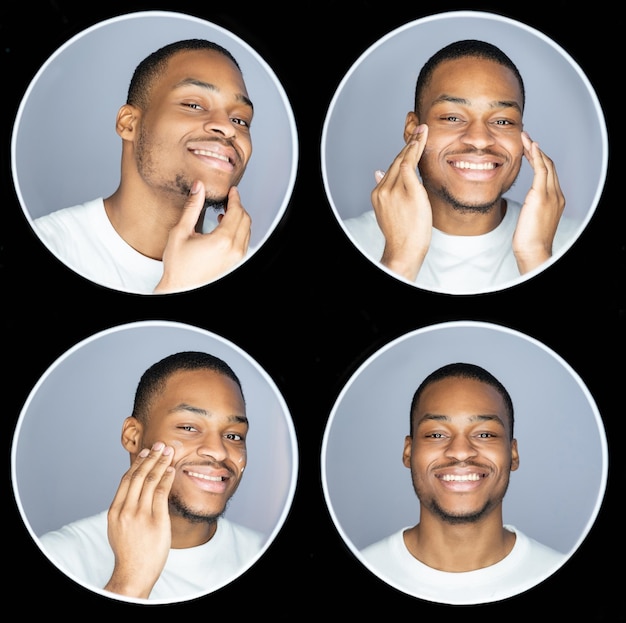 Man gezichtsverzorging huidverzorging collage cosmetisch product portret van zelfverzekerde tevreden Afrikaanse man applyi