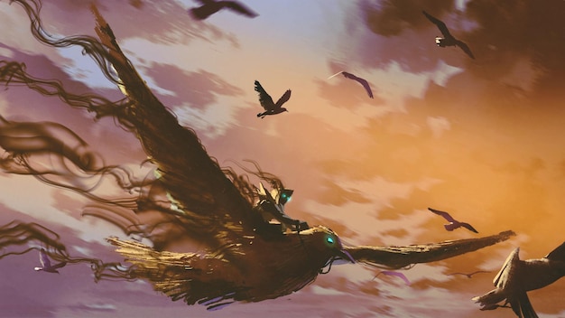 man on the giant bird flying in the evening sky, digital art style, illustration painting