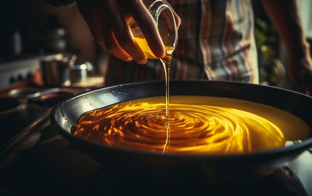 Man giet zonnebloemolie in de koekenpan in de keuken Generatieve AI