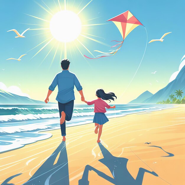 a man and a girl are flying a kite on the beach