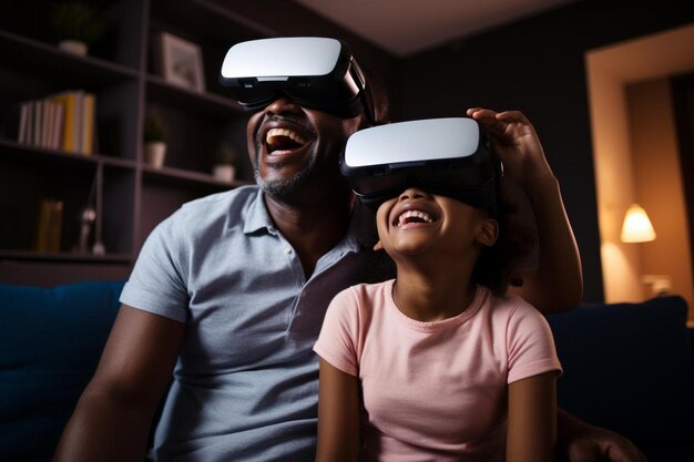 Photo a man and a girl are looking at a pair of virtual glasses