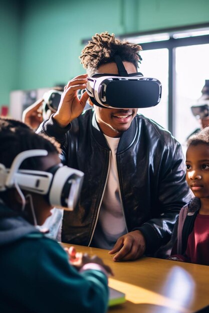 Photo a man and a girl are looking at a pair of virtual reality glasses