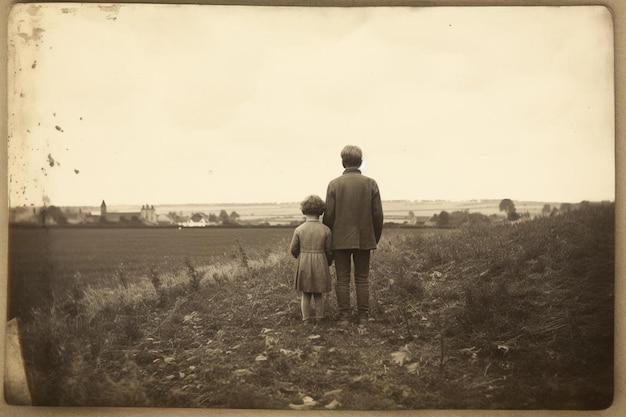 Photo a man and a girl are standing in a field the man is holding a childs hand