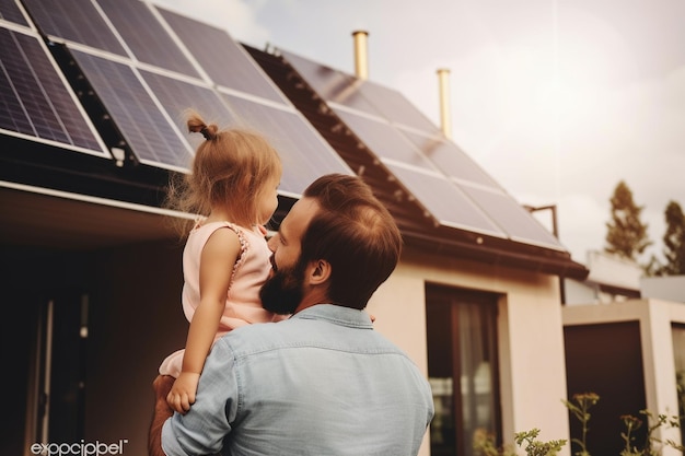 A man and a girl are standing in front of a house with solar panels on the roof.