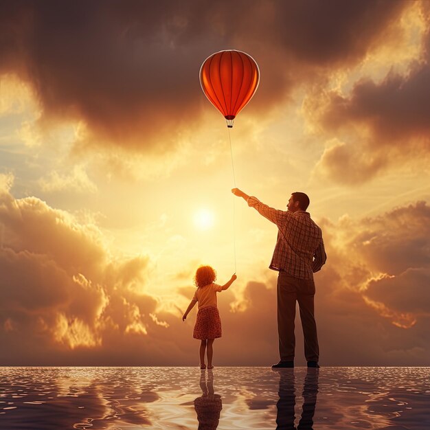 a man and a girl are standing in the water with a balloon in the sky