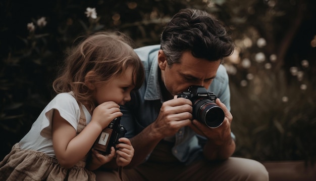 A man and a girl are taking photos with a camera.