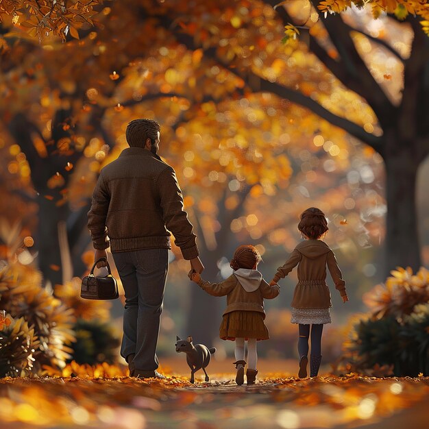 a man and a girl holding hands and a man holding hands with a dog in the background