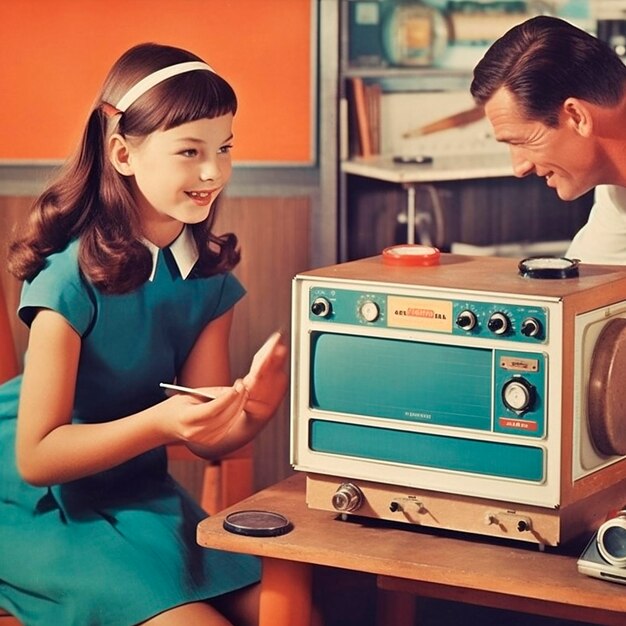 A man and a girl looking at a radio from the 1960s