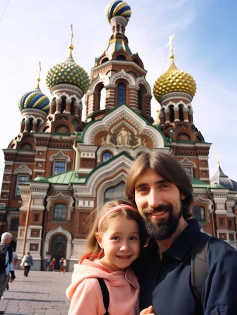 a man and a girl pose for a picture in front of a church