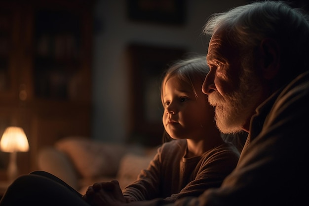 A man and a girl sit in front of a fire