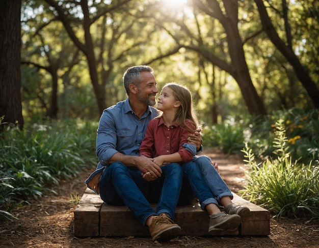 a man and a girl sit on a log in the woods