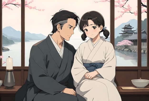 a man and a girl sitting on a platform in front of a japanese scene