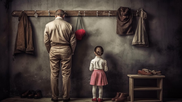 A man and a girl stand in a room with a red heart hanging on a wall.