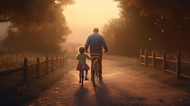 男と女が自転車に乗って太陽を照らしながら小道を歩く