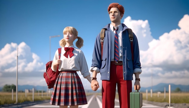 남자와 소녀가 학교로 걸어가는 그는 파란색 재과 빨간색 바지를 입고 그녀는 카레드 치마와 배을 입고 있습니다.