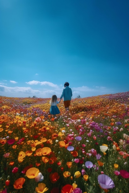 A man and a girl walk through a field of flowers.