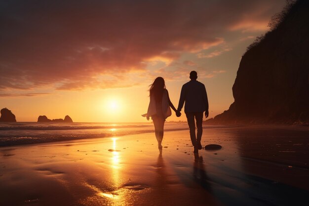 Man and a girl walking on the beach with the sun setting behind