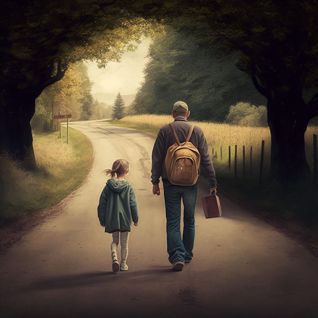 A man and a girl walking down a road with a backpack on.