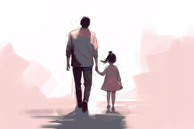 A man and a girl walking hand in hand.