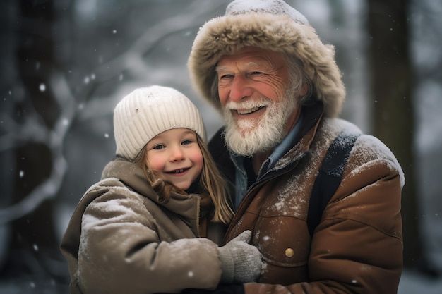 A man and a girl in a winter scene