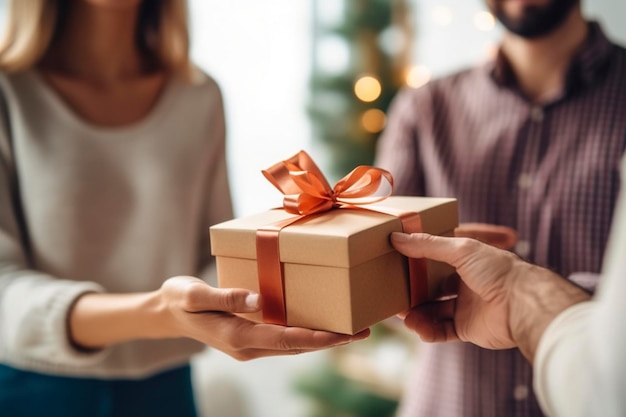 A man gives a box with a gift to a woman detail Ai generated