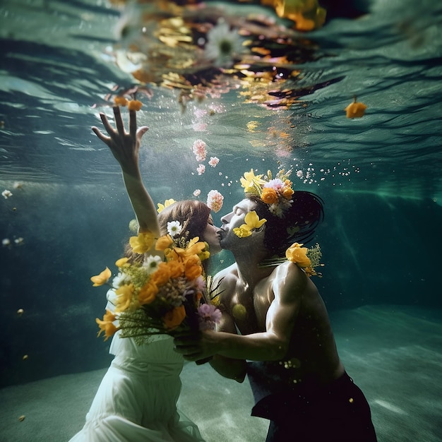 a man gives a woman a bouquet of flowers under water an unusual wedding congratulations