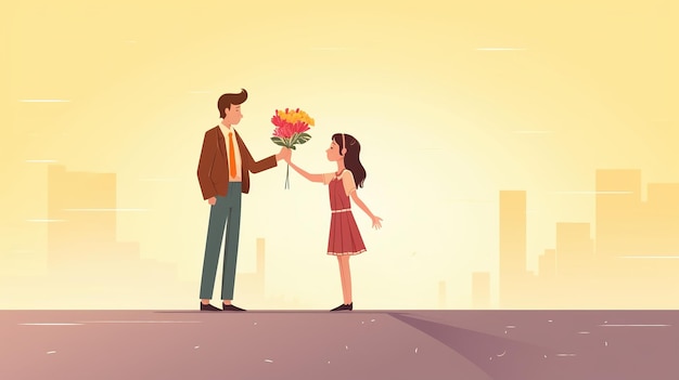 A man giving a bouquet of flowers to a woman.