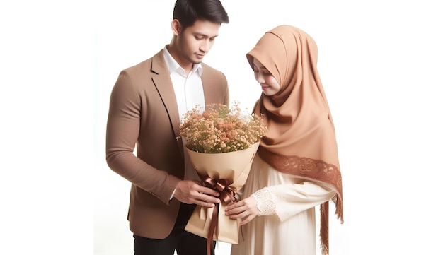 man giving flowers to woman wearing hijab on white background