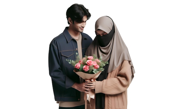 man giving flowers to woman wearing hijab on white background