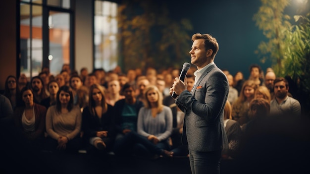 Man Giving Speech In front Of Crowd