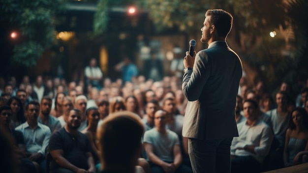 Man Giving Speech In front Of Crowd